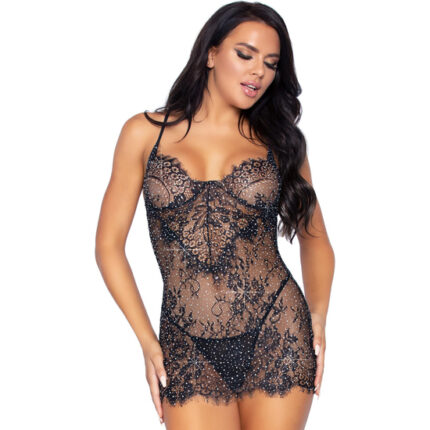 LEG AVENUE MINI VESTIDO SEXY DE ENCAJE Y STRASS - NEGRO - 001