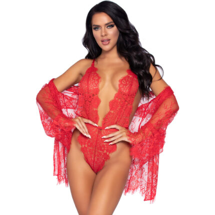 LEG AVENUE - FLORAL LACE TEDDY & ROBE - ROJO - 001