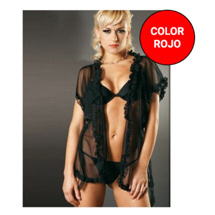 SENSUAL BATA SEXY DE MICROTUL TIPO CAMISOLA CON APERTURA DELANTERA Y VOLANTES PLISADOS ROJO - 001