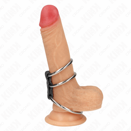 KINK - ANILLO PENE TRIPLE METAL 3.7 CM A 5 CM CONECTADOS CON CUERO - sexbliss - Foto 1
