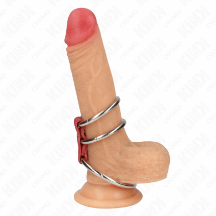 KINK - ANILLO PENE TRIPLE METAL 3.7 CM A 5 CM CONECTADOS CON CUERO ROJO - sexbliss - Foto 1