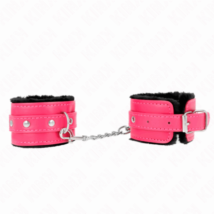 KINK - MUÑEQUERAS FORRADAS PREMIUM NEGRO CON CORREA FUCSIA AJUSTABLE 17-29 CM X 6 CM - sexbliss - Foto 1