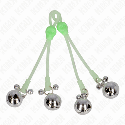 KINK - PINZAS PARA PEZONES LUMINOSAS FORMA CALABERA CON CASCABEL SONORO AJUSTABLE VERDE / PLATEADO - sexbliss - Foto 1
