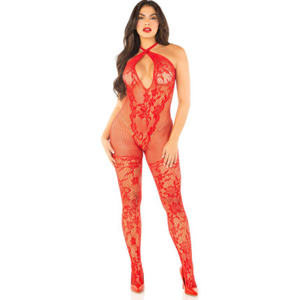 LEG AVENUE - BODYSTOCKING DE REJILLA CON ESTAMPADO DE FLORES ROJO TALLA ÚNICA - sexbliss - Foto 1