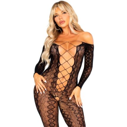LEG AVENUE - BODYSTOCKING SIN ENTREPIERNA DE ENCAJE DE SERPIENTE EXÓTICA NEGRO - sexbliss - Foto 1