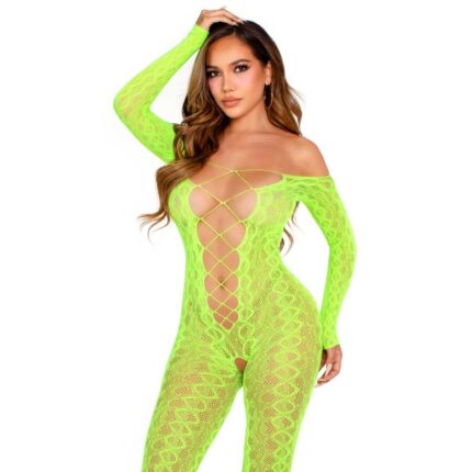 LEG AVENUE - BODYSTOCKING SIN ENTREPIERNA DE ENCAJE DE SERPIENTE EXÓTICA VERDE NEÓN - sexbliss - Foto 1