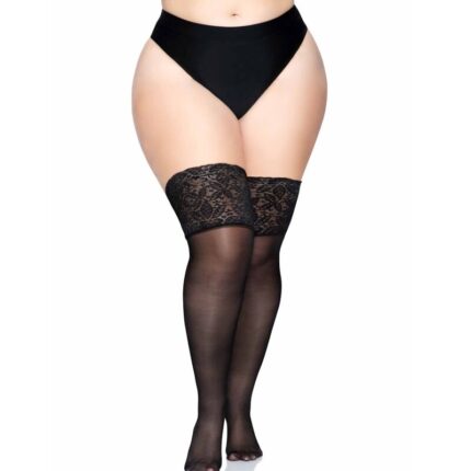LEG AVENUE - MEDIAS NEGRAS AUTOADHESIVAS CON ENCAJE ANCHO PLUS SIZE - sexbliss - Foto 1