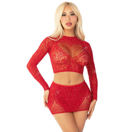 LEG AVENUE - TOP + FALDA DE REJILLA CON BRILLANTES ROJO - sexbliss - Foto 1