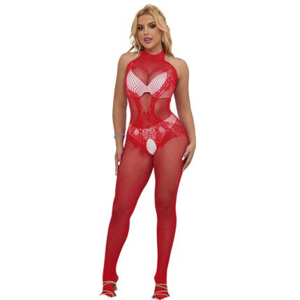 SUBBLIME - 952372 BODYSTOCKING CROTCHLESS DE REJILLA Y ENCAJE CON CUELLO ALTO ROJO TALLA ÚNICA - sexbliss - Foto 1