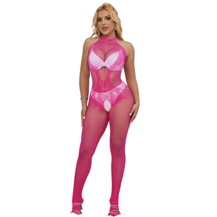 SUBBLIME - 952389 BODYSTOCKING CROTCHLESS DE REJILLA Y ENCAJE CON CUELLO ALTO ROSA TALLA ÚNICA - sexbliss - Foto 1