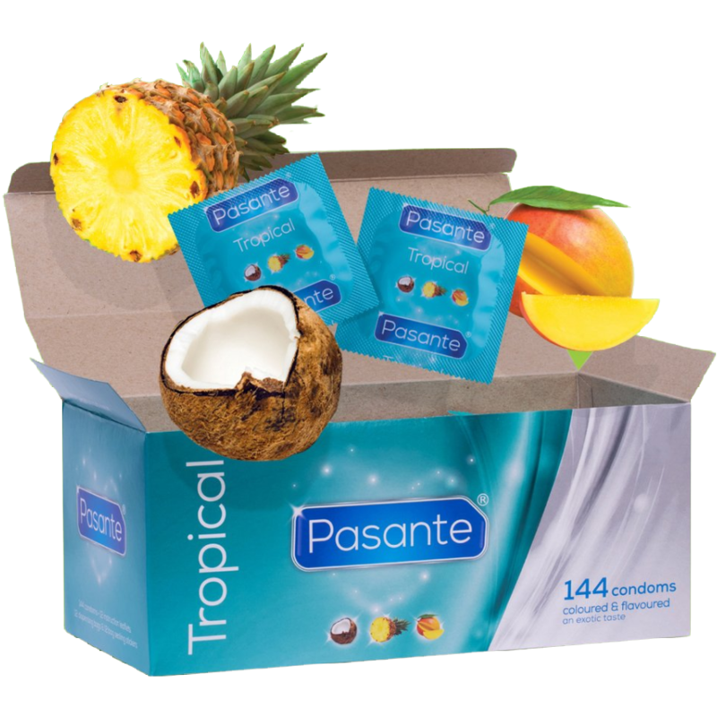 PASANTE - TROPICAL MANGO PINEAPPLE AND COCONUT FLAVOURED CONDOMS 53 MM 144 UNITS - Foto 1 PASANTE - TROPICAL MANGO PINEAPPLE AND COCONUT FLAVOURED CONDOMS 53 MM 144 UNITS - sexbliss - Foto 1